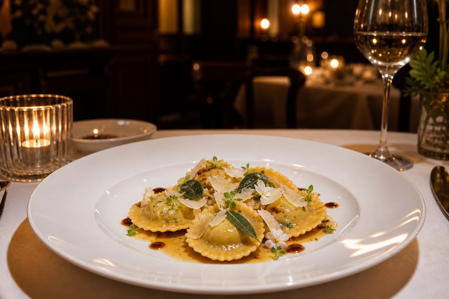 Fine dining Italian agnolotti plated with brown butter and sage